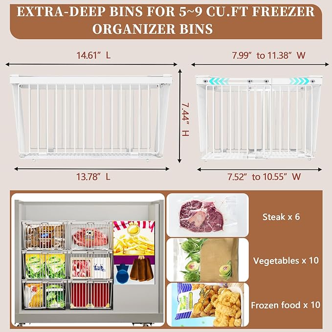 Large Freezer Organizer Bins，Upgraded Bottom Leak-Proof net，Fit 5 to 9 Cu Ft Chest Freezer，4 Pack， Expandable Stackable Chest Freezer Containers with Handle (White-4P)