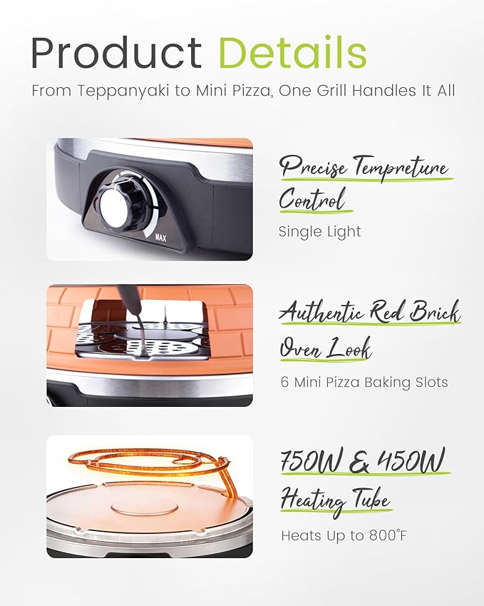 Multifunction Raclette Grill & Mini Pizza Oven, 1200W Electric Pizza Oven with Flat Griddle Top, Indoor Grill with 6 Mini Pizza Baking Slots, Temperature Control, Personal Pizza Maker, PM-01