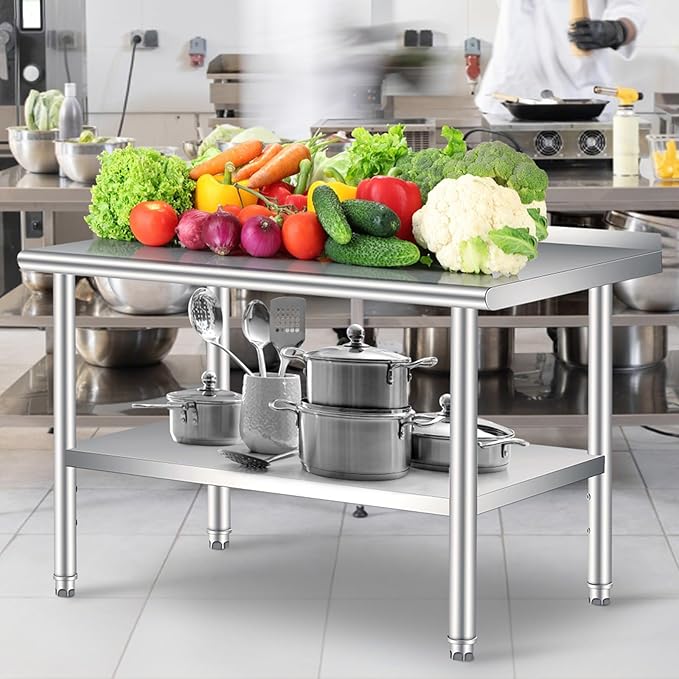 Stainless Steel Prep Table, 60 x 24 in, with Backsplash, Adjustable Undershelf, Commercial Heavy Duty Table with Adjustable Under Shelf for Outdoor Use,Restaurants,Hotels,Works