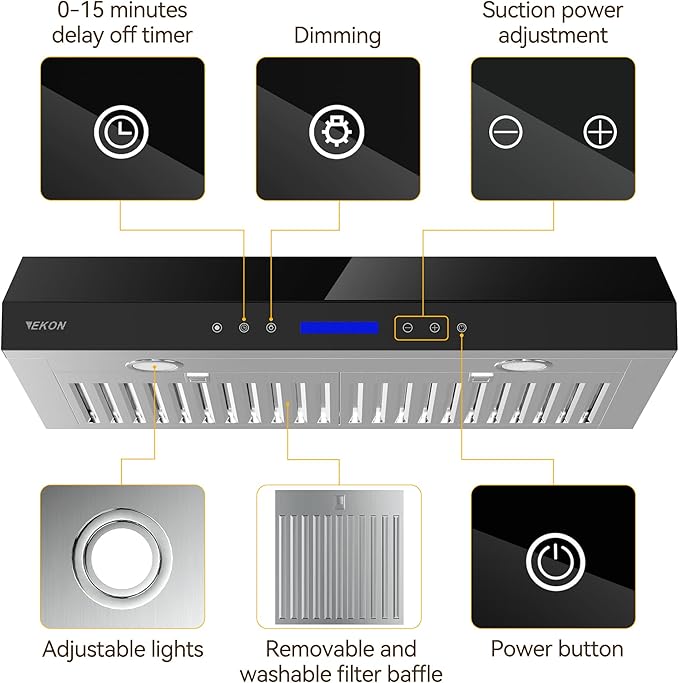 EKON 30 Black New inches Under Cabinet Range Hood, 900 CFM Stainless Steel Kitchen Chimney Vent, 4 Speed Touch Screen Control With Remote 2Pcs 3W LED lights Dishwasher-safe Filters Fan Timer