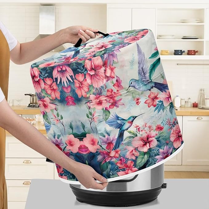 hummingbird Floral Pressure Cooker Cover for Women Dust-proof Cover for Rice Cooker Air Fryer Kitchen Appliance Covers with Top Handle and Pocket Home Kitchen Decor Gifts for Friends