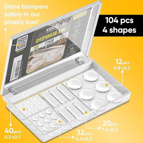 104 Clear Cabinet Bumper Pads – Self-Adhesive Silicone Buffer Set with 4 Shapes for Doors, Drawers & Furniture – Sound Dampening & Surface Protection