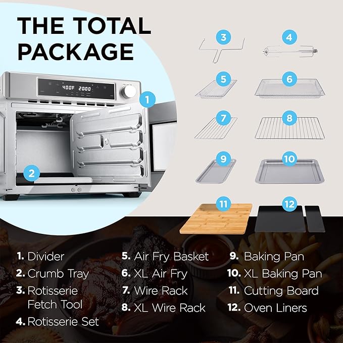 Ivation Dual Zone Air Fryer French Door Oven - 32 Quatity Convection Toaster Combo, 10-in-1 Multifunction Up to 450° - 1800W - Temperature Control, Timer - Stainless Steel - Dehydrate, Bake, Roast