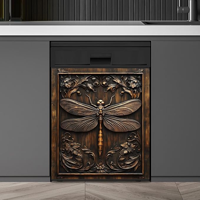 Farmhouse Dragonfly Dishwasher Magnet Cover,Vintage Dragonfly Wood Floral Magnetic Dishwasher Cover Vinyl Sticker,Fridge Door Cover Magnets Art Skin Panel Decal,Home Decor Decal,23"X26"