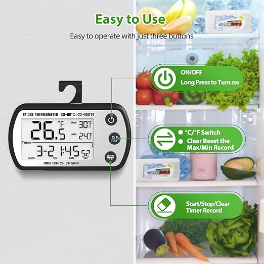 Digital Refrigerator Thermometer 2 Pack, Waterproof Fridge Thermometer, 2.25IN Large Screen Freezer Thermometer, Max/Min Record Function,Timer Function(Black)