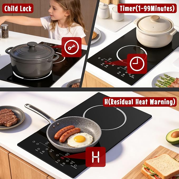2 Burner Electric Cooktop with Hardwire 12 Inch, 240V Built in 3000W Ceramic Cooktop, Double Burner Electric Stove, Touch Control, Safety Lock, 9 Heating Levels, 99Mins Timer, Overheat Protection