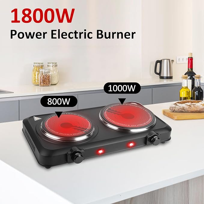 1800W Infrared Double Burner Electric, Portable Hot Plate for Cooking, Countertop Burner with 7.5” & 6.3” Glass Plate Cooktop with Stepless Temperature Adjustments for Kitchen, RV, Dorm
