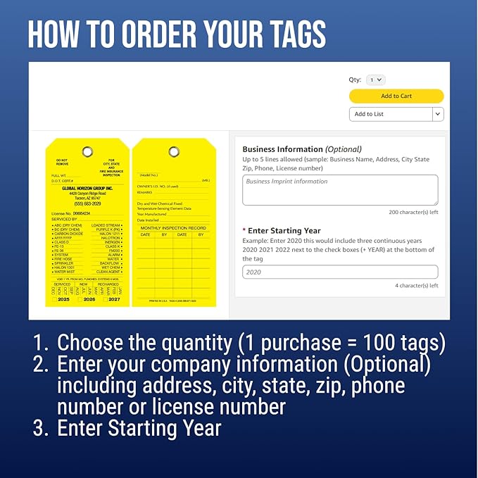 Tags 4 Less Custom Fire Extinguisher Tags – Preventative Maintenance Labels for Monthly Inspections, Alternative to Safety Sticker for Easy Record-Keeping – Pack of 100 (Yellow, Vinyl Plastic)
