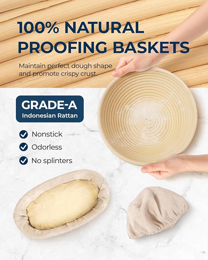 Clearance Final Stock - Lorzon Banneton Bread Proofing Basket Gift Set of 2 (10" Round & Oval Rattan) - Sourdough Bread Baking Supplies Making Tools with Bakers Couche & Sourdough Starter Kit