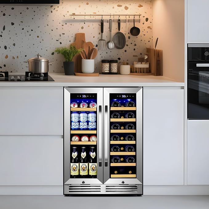 24 Inch Upgraded Wine and Beverage Refrigerator– Dual Zone Beverage Cooler with Glass Door | Under Counter or Freestanding | Large Capacity, Advanced Cooling System & Carbon Purification