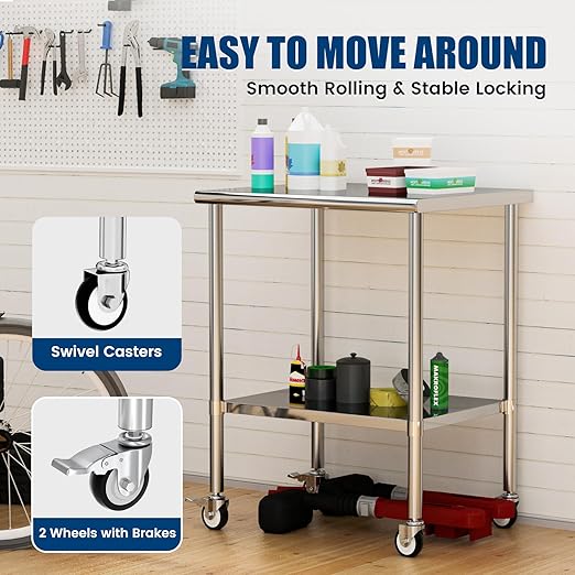 Stainless Steel Work Table with Wheels, 24x30 Inch NSF Kitchen Prep Table with Adjustable Undershelf for Commercial Restaurant, Garage, Outdoor BBQ