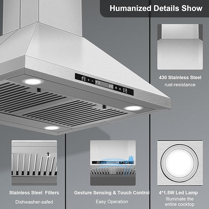 30" Island Range Hood 700 CFM Ceiling Mount Kitchen Vent Hood with Gesture/Touch Control, 3-Speed Fan & 4 LED Lights, Convertible Ductless/Duct, Stainless Steel Baffle Filters,Time Setting