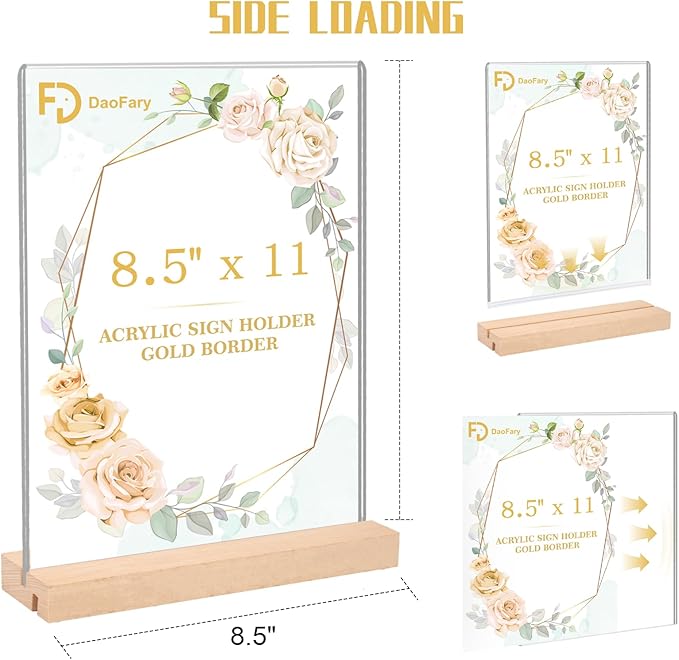 12 Pack Acrylic Sign Holder 8.5 x 11, L/T Shape Double Sided wood Picture Frame Stand up Table Top Sign Holders, Clear Display Stand Menu Flyer Holder for Wedding Party (Provide Non slip Mats)