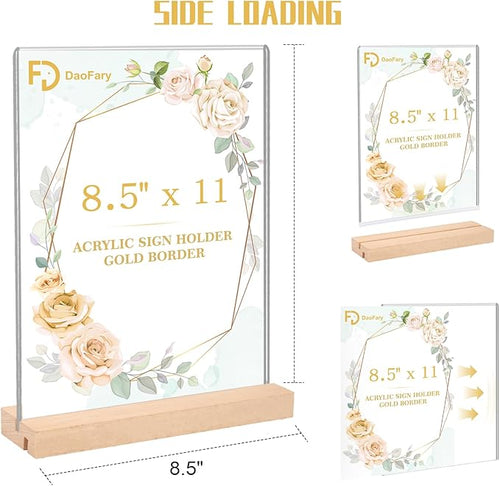 12 Pack Acrylic Sign Holder 8.5 x 11, L/T Shape Double Sided wood Picture Frame Stand up Table Top Sign Holders, Clear Display Stand Menu Flyer Holder for Wedding Party (Provide Non slip Mats)