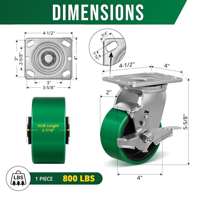 4 Inch Caster Wheels Heavy Duty- Set of 4 Load 3200lbs, Polyurethane Casters, Industrial Plate Caster for Carts, Dollies, Racks, Industrial Equipment(4 Pack Brake)