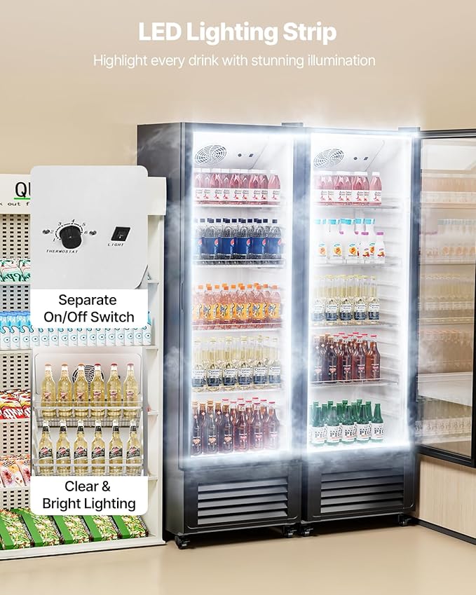 VEVOR Commercial Merchandiser Refrigerator, 11.47 CU.FT Glass Door Display Refrigerator, Upright Beverage Refrigerator Cooler Merchandiser with 4 Adjustable Shelves, Casters, Soft LED Light, Black