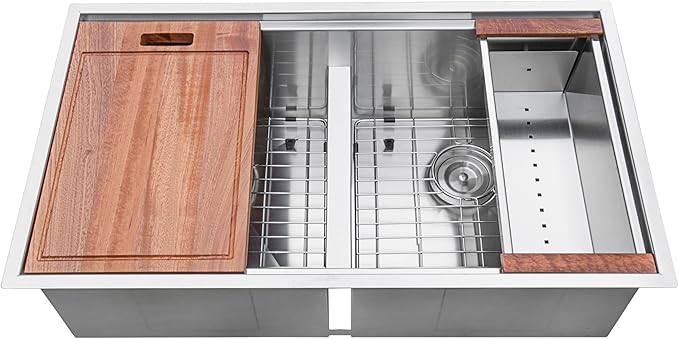 Ruvati 33-inch Workstation Ledge 50/50 Double Bowl Undermount kitchen sink with Brushed Finish - 16 Gauge Stainless Steel Kitchen Sink - Workstation Kitchen Sink - RVH8350