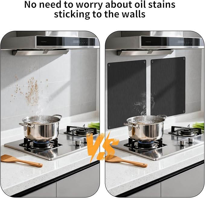 Stainless Steel Stove Backsplash (Brushed Black) - Heat Resistant Splatter Shield for Kitchen, Oil-Proof for Gas/Electric Stoves, Easy Install w/Pre-Drilled Holes (12"x16", 2-Pack)