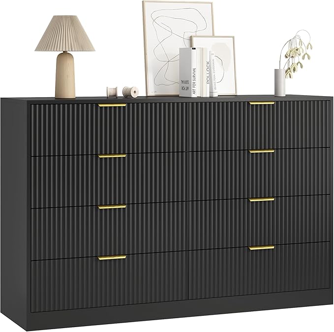 8 Drawer Dresser for Bedroom, Modern Fluted Double Dresser, 55" Wide Chest of Dressers, Wooden Beside Table for Closet, Living Room and Entryway, Black