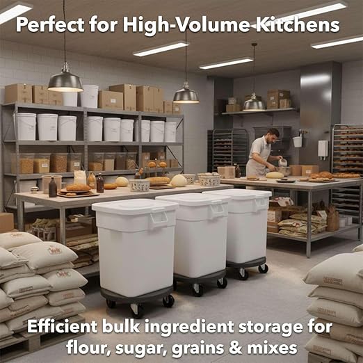 32 Gallon / 510 Cup NSF Mobile Ingredient Bin with Dolly & Flat Lid - Heavy-Duty Feed & Seed Container for Commercial Kitchens, Bulk Flour & Sugar Storage, Rolling Food Storage Bin