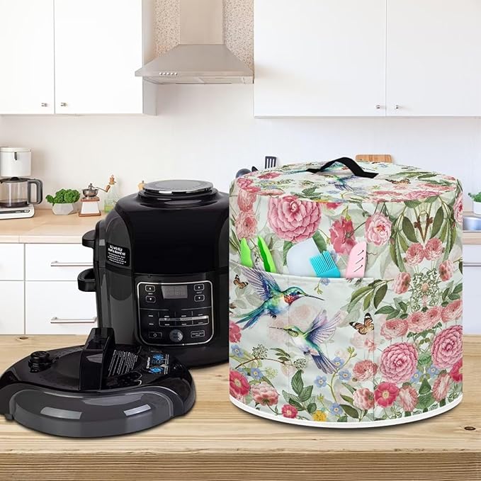 Flashideas Flowers Hummingbirds Dust Cover with Pocket for Instant Pot, Rice Cooker and Air Fryer, Round Pressure Cover Dust-Proof Stain Resistant Electric Appliance Cover Easy to Clean