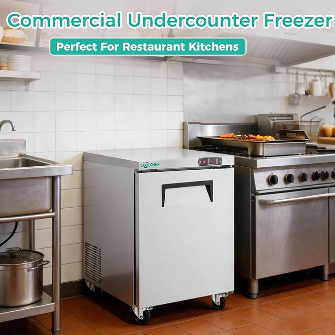 28" Commercial Worktop Refrigerator, 8 Cu.ft Single Door Stainless Steel Prep Table Fridge, R290 Undercounter Refrigerator with Casters