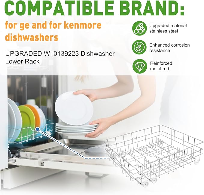 Upgrade W10139223 Dishwasher Lower Rack, 304 Stainless Steel with 6 wheels, designed for a 23-inch built-in dishwasher