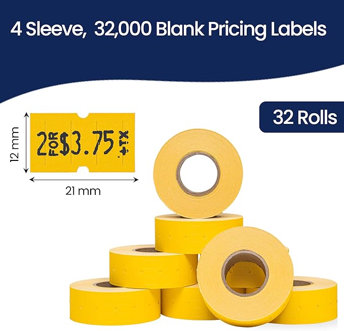 Perco 1 Line Yellow Labels - 32 Rolls, 4 Sleeves, 32,000 Blank Price and Date Gun Labels for Perco Lite, X, Plus and Pro 1 Line Price and Date Guns - Made in USA