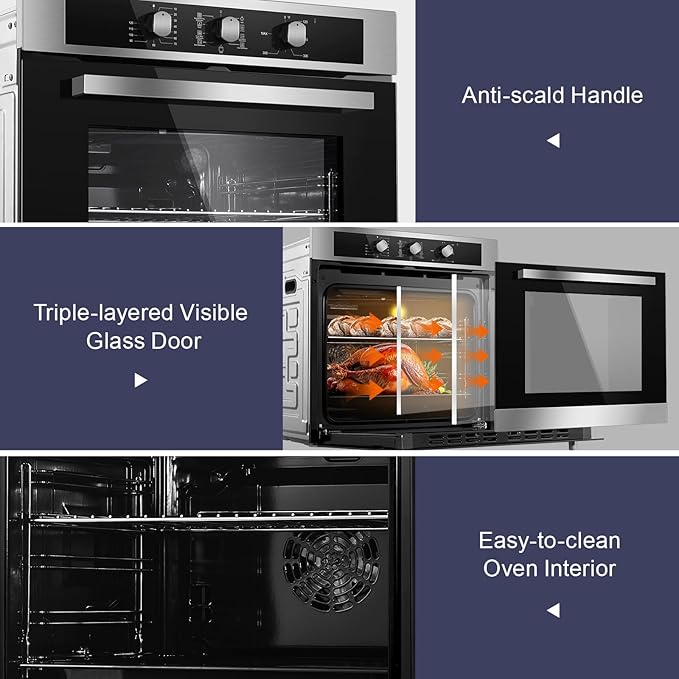 24 Inch Single Wall Oven 2.8 Cu.Ft 3220W, Electric Oven with Mechanical Knob Control, 9 Functions, 360° Rotisserie,Triple Glass Door & Enamel Cavity for restaurant, hotel, and home