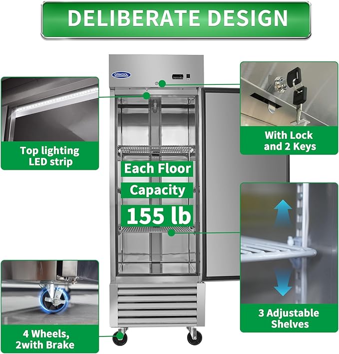 mikibama 27"W Commercial Freezer with Single Solid Door 23 Cu.ft Reach-In Freezers Stainless Steel ETL Approved Upright Freeze Storage for Restaurant, Temperature Control -10℉~10℉, LED Light