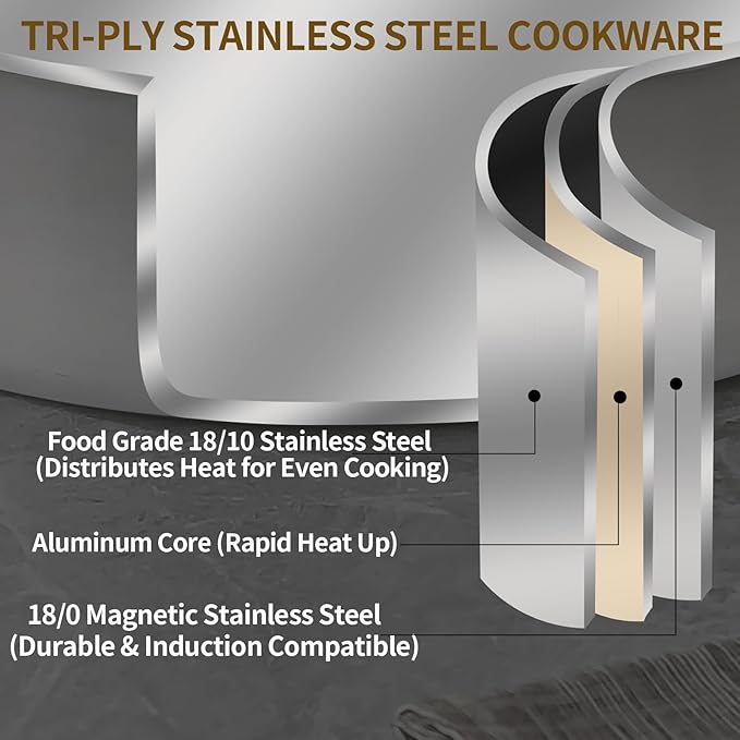 DELARLO Tri-Ply Stainless Steel 5 Quart Braiser Pan with Lid Induction Rondeau Pot With Lid 12inch Deep Frying Pan Large Saute Pan Heavy Duty Style Compatible With All Cooktops Up to 650℉