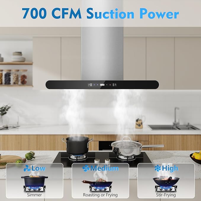 Tiesay Island Range Hood 30 inch, 700 CFM Dual-Sided Ceiling Mount Vent Hood, Convertible Ducted/Ductless, Touch,Gesture & Remote Control, 3-Speed Fan, 4 LED Lights, Stainless Steel