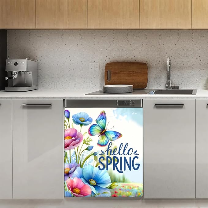 Butterfly Flower Summer Dishwasher Magnet Cover for The Front Dishwasher Door Cover Panel Decals Magnetic Refrigerator Cover for Kitchen Farmhouse Home Decor 23 X 26 in