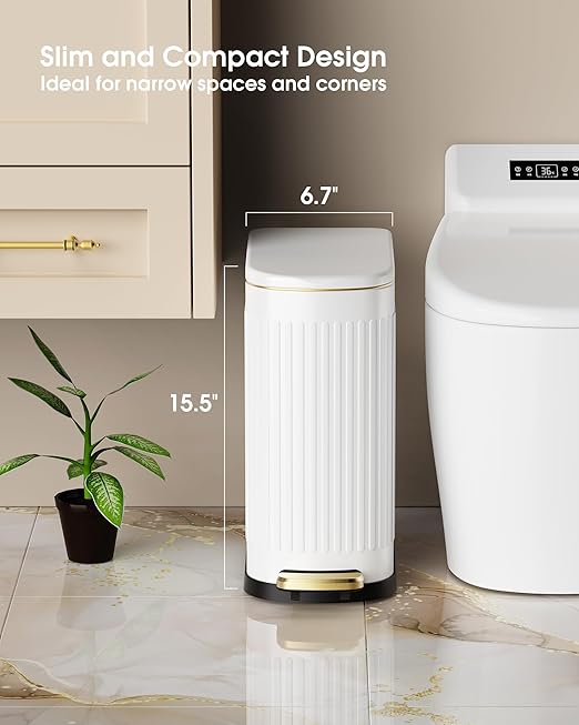 CEROELDA White Bathroom Trash Can with Lid-10L/2.6 Gallon Stainless Steel Step Slim Garbage Can-Rectangle Pedal Trash Bin for Narrow Office, Kitchen, Bedroom, Toilet-Soft Close (B-White/2.6 Gallon)