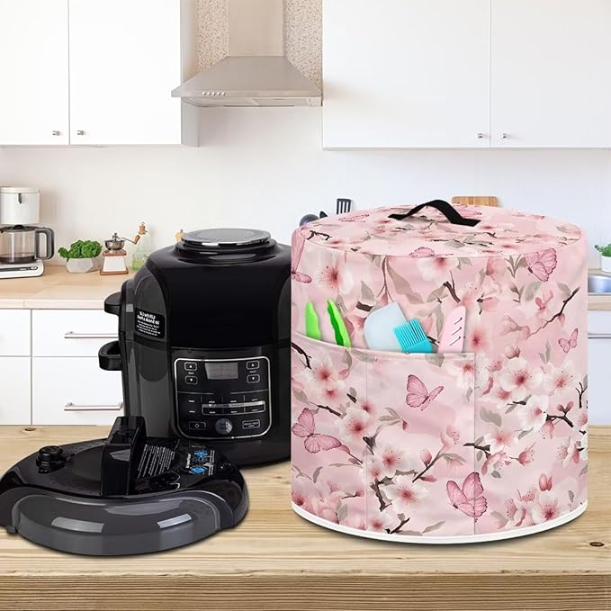 Pink Flower Dust Cover with Pocket for Instant Pot, Rice Cooker and Air Fryer, Round Pressure Cover Dust-Proof Stain Resistant Electric Appliance Cover Easy to Clean