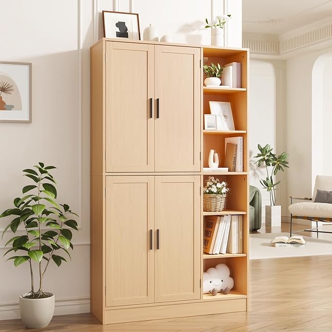 63" Tall Oak Kitchen Pantry, Freestanding Storage Cabinet with 4 Doors, Adjustable Shelves for Dining Room, Laundry Room