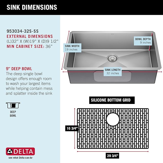 DELTA FAUCET Delta Lenta 32-inch Undermount 16 Gauge Stainless Steel Single Bowl Kitchen Sink with Accessories, 953034-32S-SS, Satin