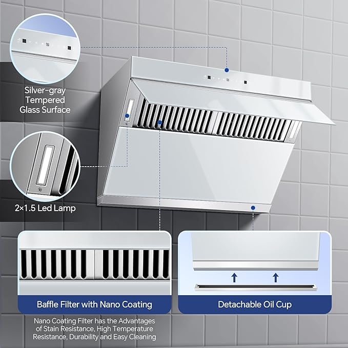 Under Cabinet Range Hood 30 Inch, 900 CFM Wall Mount Vent Hood with Auto-cleaning Function,Gesture & Touch Control, Silver Grey Tempered Glass Surface Kitchen Hood 3 Speed Exhaust Fan