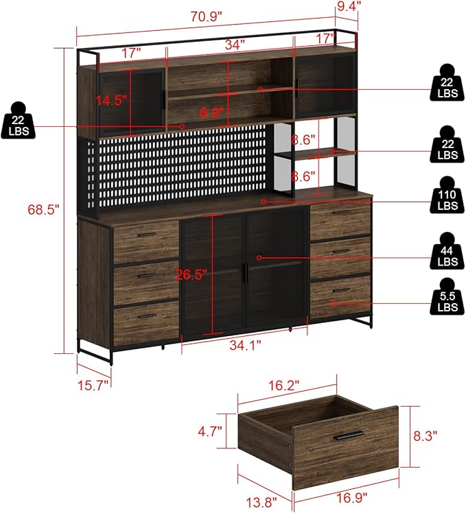 MOUMON Kitchen Pantry Cabinet with Hutch and 4 Doors, Pantry Storage Cabinet with Pegboard & Hutch, 6 Drawers and Shelves, Brown and Black, 15.7”D x 70.9”W x 68.5”H