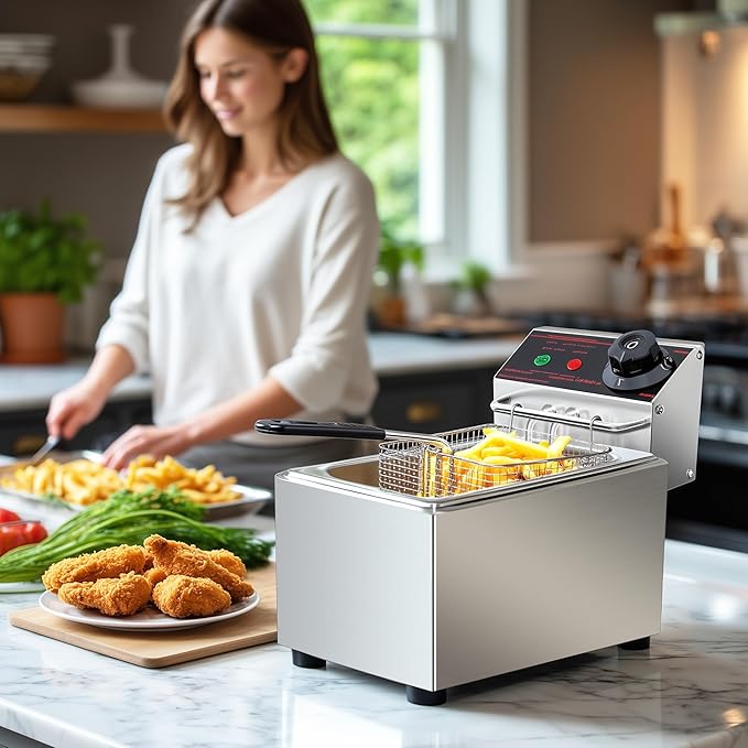 Deep Fryer Stainless Steel - Commercial Style Electric Fryer with Adjustable Thermostat, Rapid Heating & Oil Filtration Basket - Safe for Home Kitchen (Chips/Chicken/Donuts), 3L