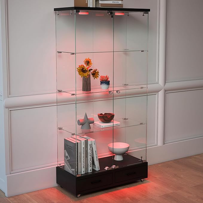 Yoluckea 4 Tier Glass Display Cabinet with LED Lighting and 2 Drawers, 2 Doors Floor Standing Curio Cabinet with Wheel for Home, Office, Corner Display, Black Glass Bookshelf for Collections and Decor