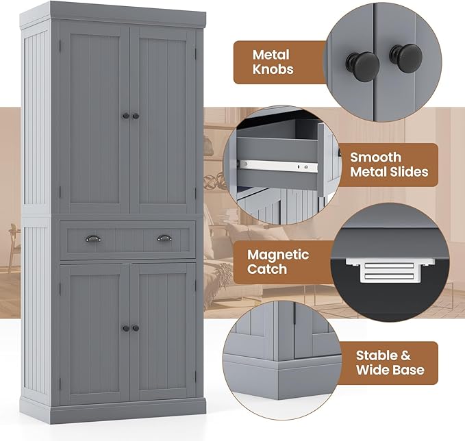 DORTALA 72” Tall Kitchen Pantry Cabinet, Wood Storage Cupboard w/ 4 Adjustable Shelves, 2 Cabinets & Drawer, Utility Freestanding Storage Cabinet for Kitchen, Hallway, Living Room, Grey
