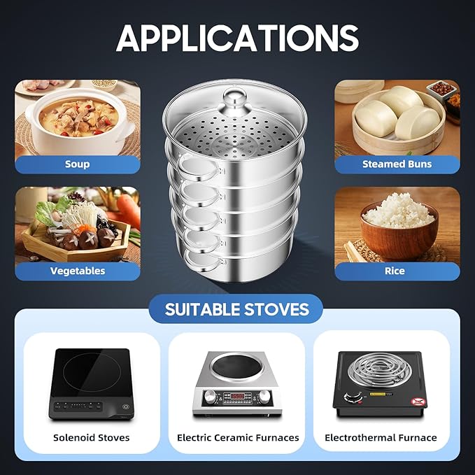 5-Tier Stainless Steel Steamer, 28cm Stackable Steamer with Clear Visible Lid, Large Capacity Cookware Steaming Pots for Bread, Dumplings, Vegetables