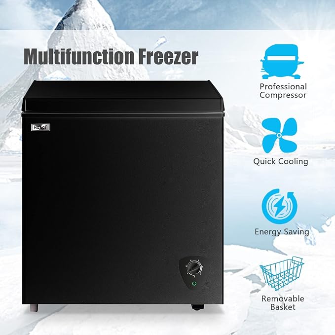 Chest Freezer 5.0 Cu.Ft Small Deep Freezer Black Top Door Mini Freezer with Removable Basket, Low Noise, 7 Adjustable Temperature and Energy Saving Perfect for Home Garage Basement Dorm or Apartment