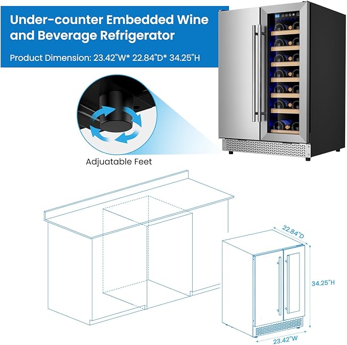Wine and Beverage Refrigerator, 24’’ Daul Zone Wine Fridge, Freestanding Under Counter Refrigerator, Stainless Steel Beverage Cooler with Adjustable Shelves, Holds 21 Bottles and 88 Cans