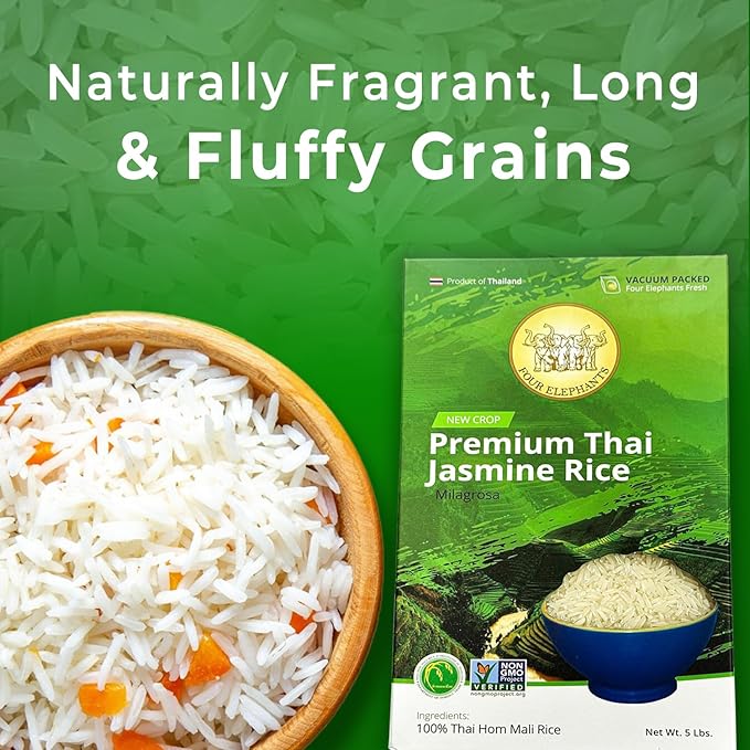 5 Pounds (LBS) Premium Thai Hom Mali Jasmine Rice | Endorsed By Pro Chefs | Four Elephants Brand | DIY Friendly Cooking Instructions Packaging