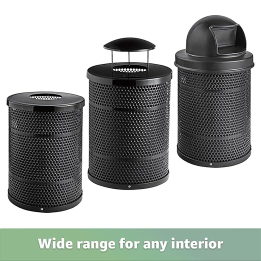 32 Gallon Perforated Recycle Container with Flat Lid, Steel Outdoor Heavy-Duty Commercial Trash Can, Black Round Waste Bin, Durable Garbage Can for Municipalities, Schools, Parks, Parking