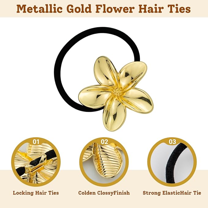6PCS Gold Floral Hair Ties - Hair Charms Gold Ponytail Holders, Decorative Metal Hair Cuffs for Women