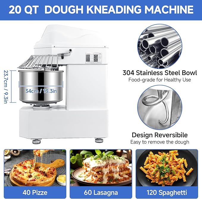 27lbs/20Qt Commercial Spiral Dough Mixer with Timer, 1100W Electric Dough Kneading Machine with 304 Stainless Steel Bowl, Touch Screen,2 Speeds Dual Rotation for Restaurant, Bakery, Pizzeria