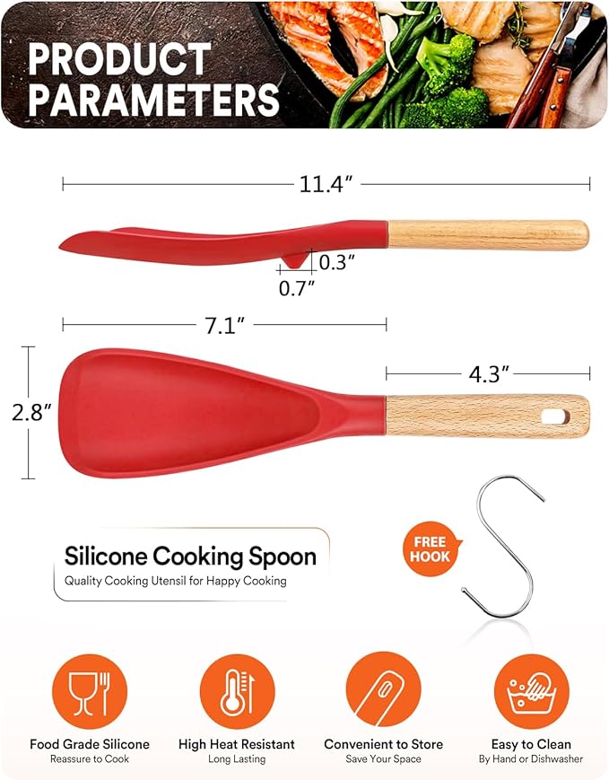 Cooking Spoon for Nonstick Cookwares, Great for Cooking and Serving Sturdy BPA-Free Matte Silicone, Wood Handle Spoon for Mixing, Scoop, and Scrape (RED, 11.4 inch)